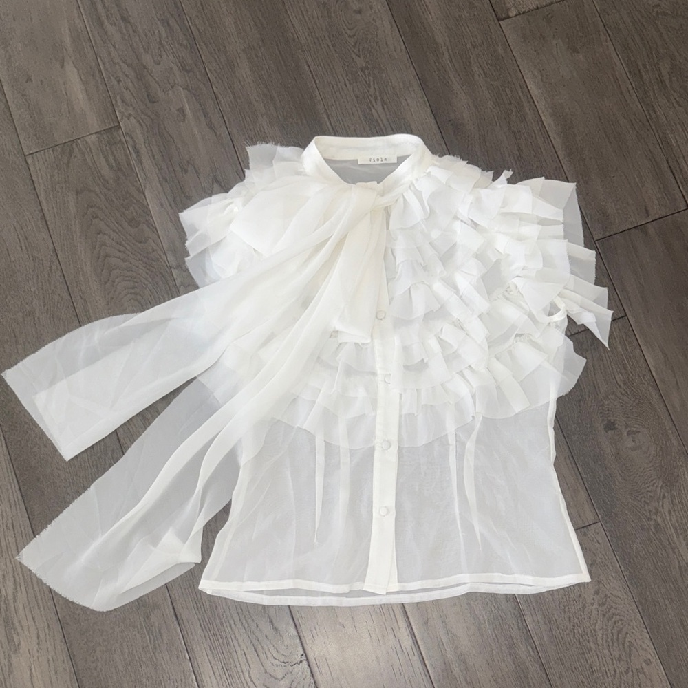 Viola sleeveless Ruffled high neck sheer button up Top with attached scarf